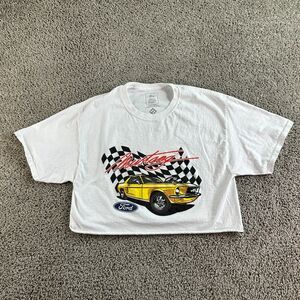 Ford Mustang Shirt Womens S/M White Black Checkered Flag Cropped Classic Car